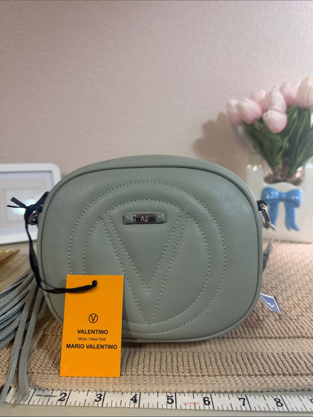 Mario Valentino Sage Green Camera Crossbody Bag NWT Tassel Accent Vegan Leather